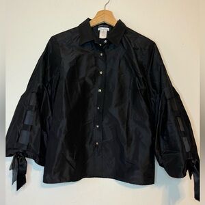 Oscar de la Renta Vintage Black Silk Blend Blouse Bow-Tie Balloon Sleeves Size 4